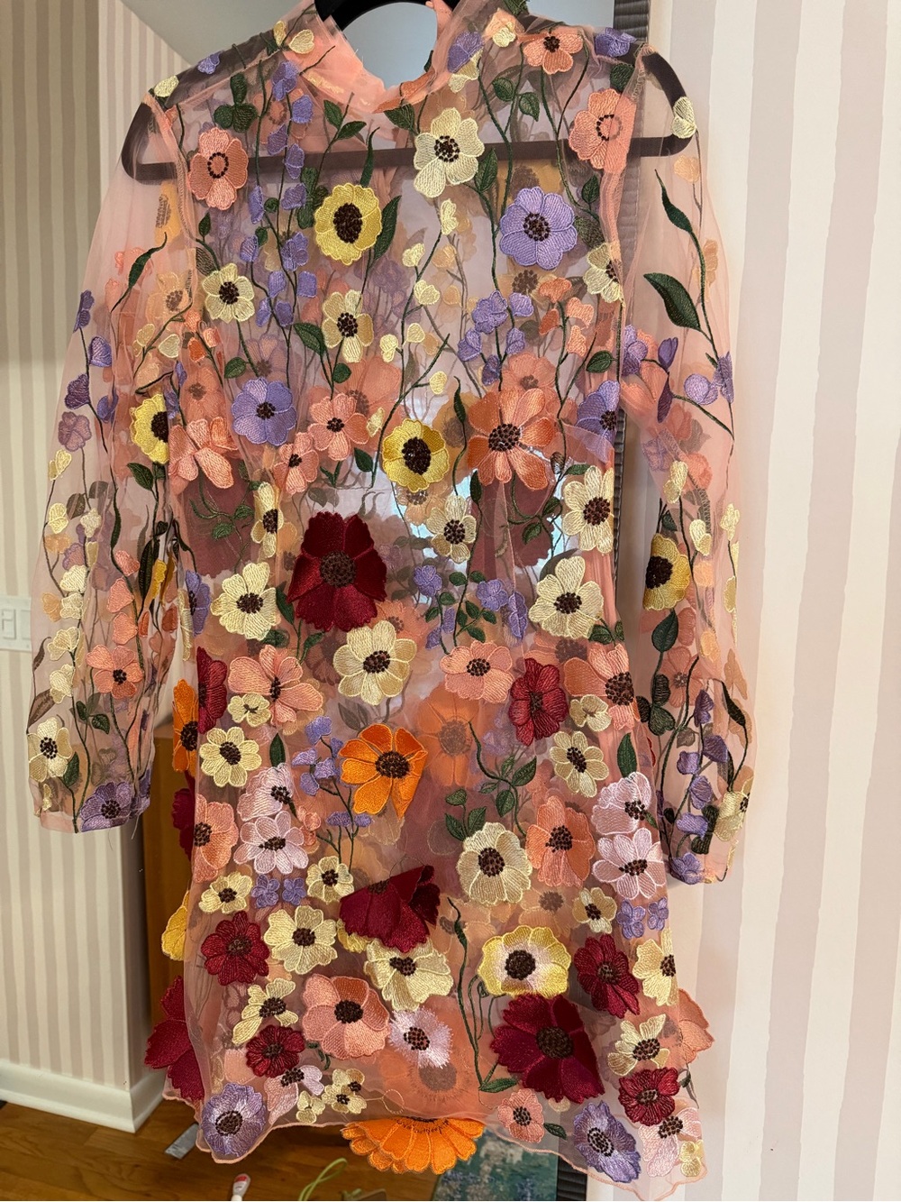 Finesse Pink Sheer Dress with Multicolor Floral Embroidery